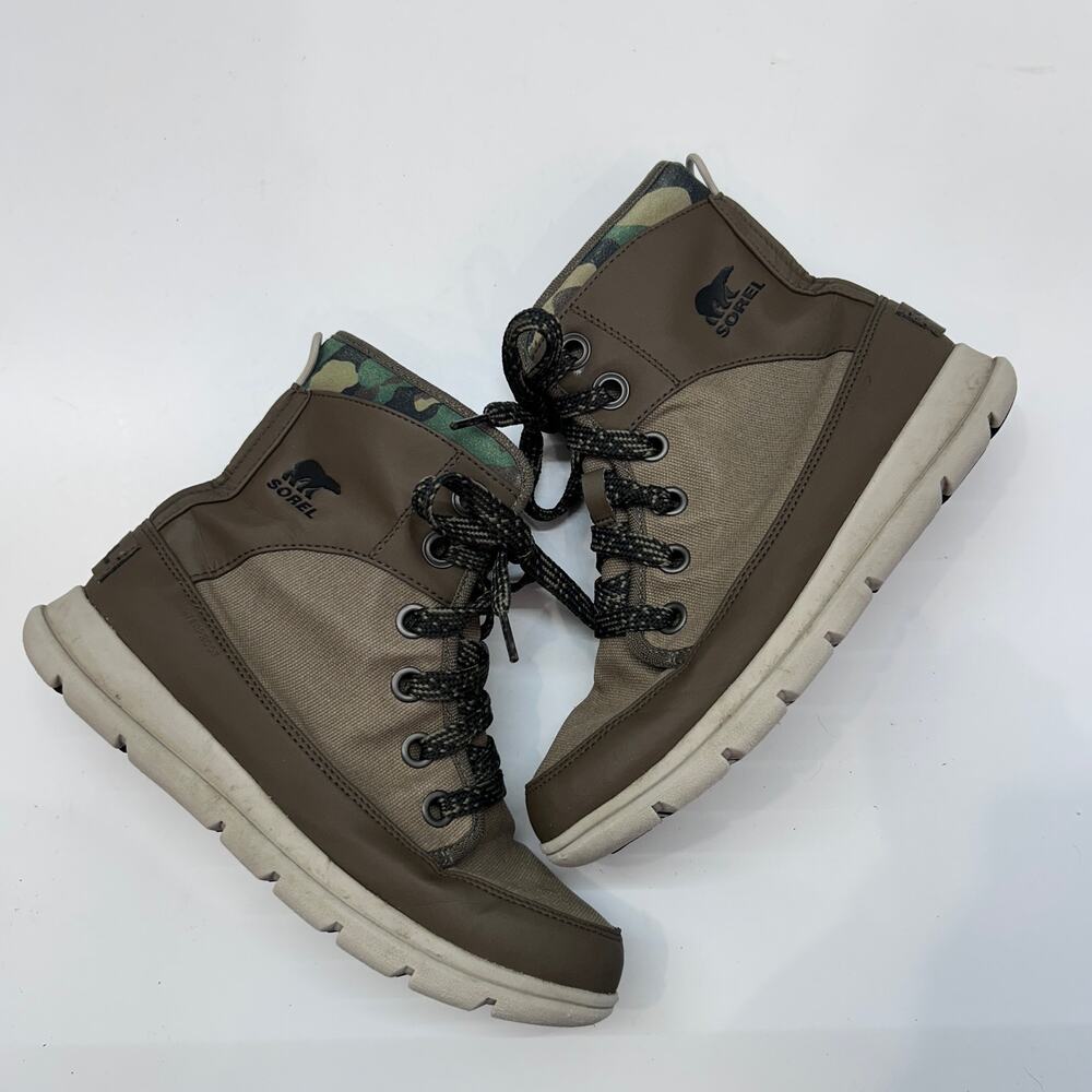 Sorel Explorer 1964 Boot 7.5 Beige Brown Green Camo Lace Up Ankle Bootie Winter